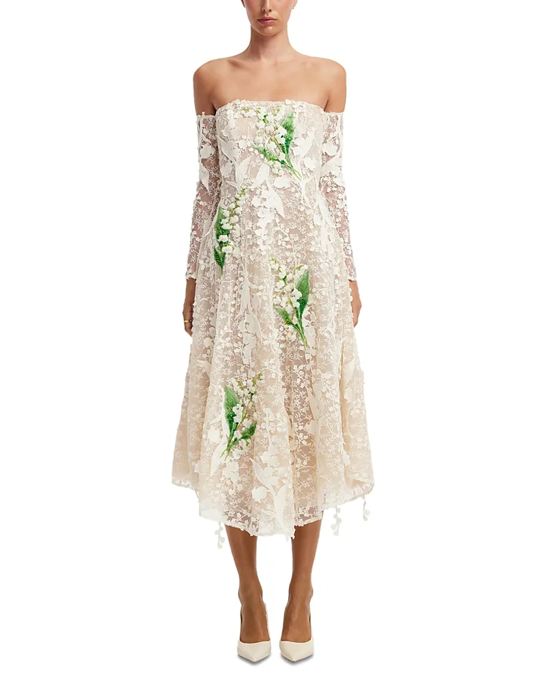 Ana Off Shoulder Embellished Lace Bustier Midi Dress by Leo Lin