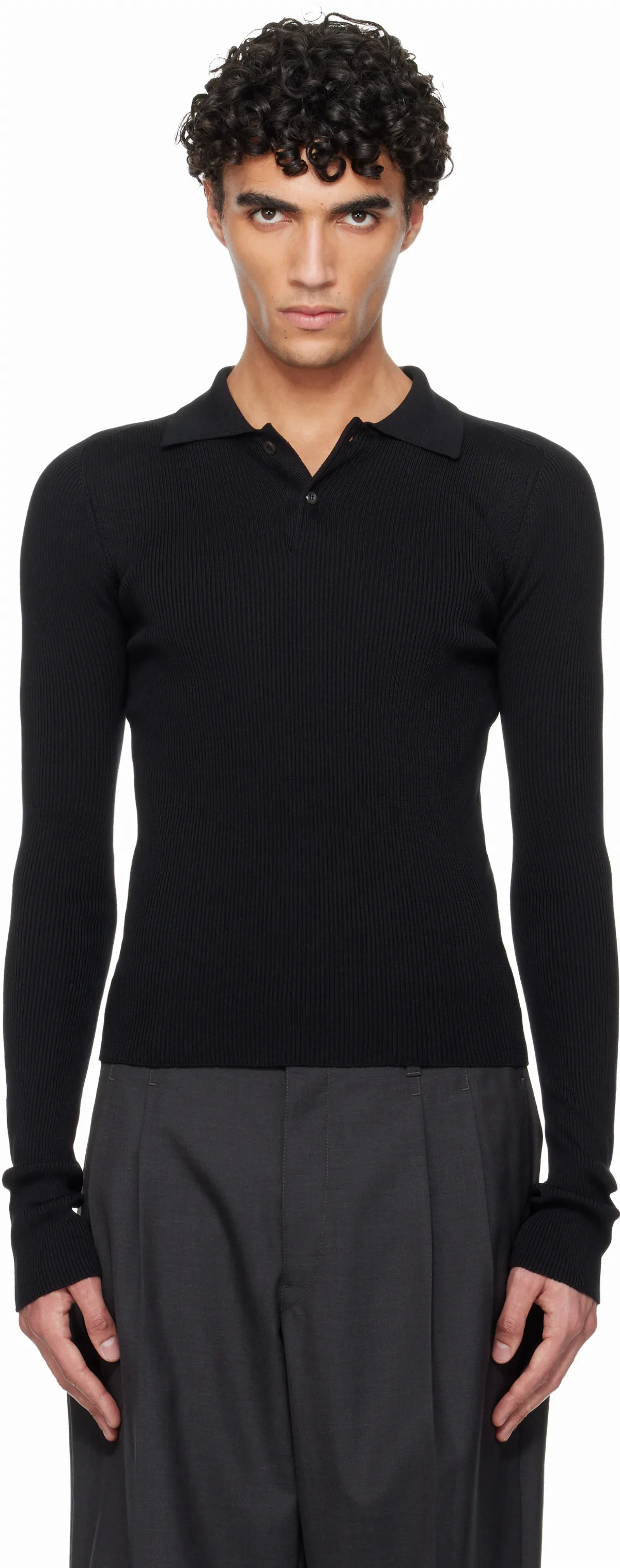 Black Fine Rib Silk Polo