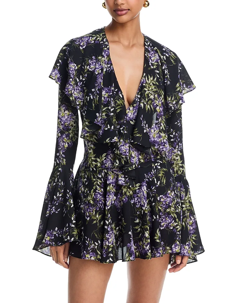 Long Sleeve Deep V Neck Ruffle Mini Dress by Norma Kamali