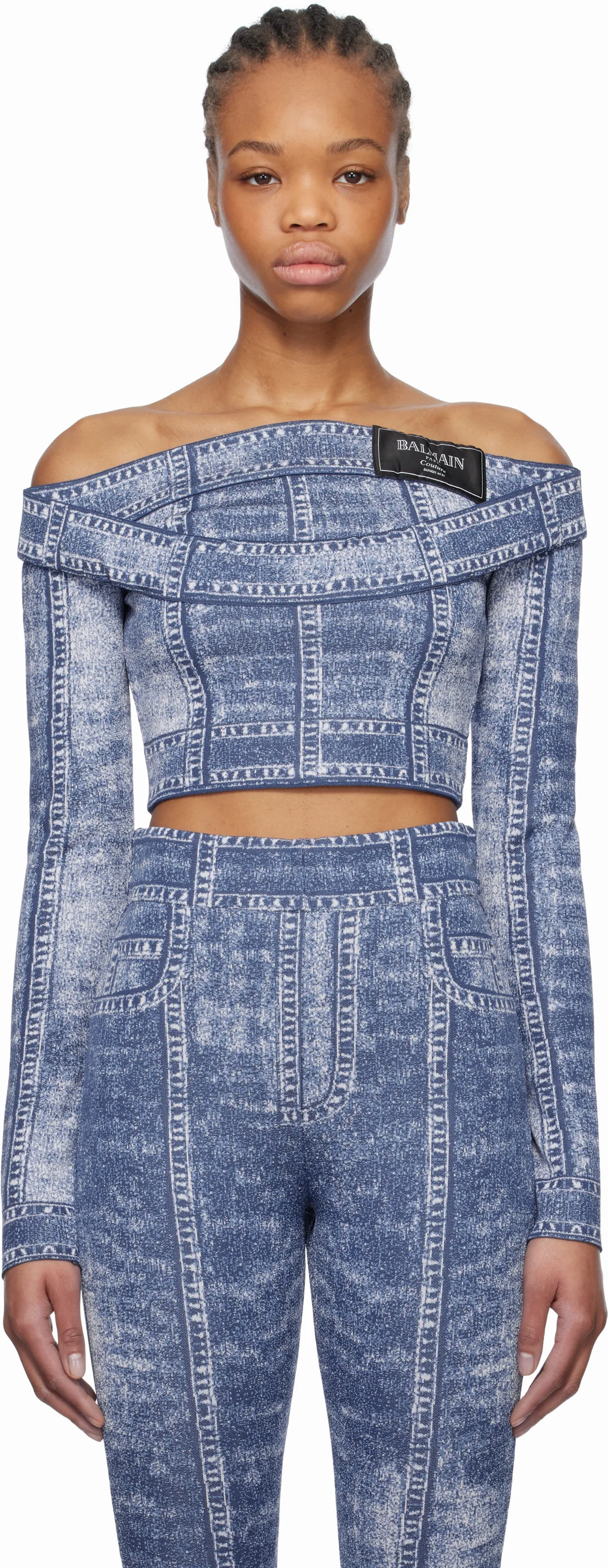 Blue Double Collar Denim Trompe L'oeil Top