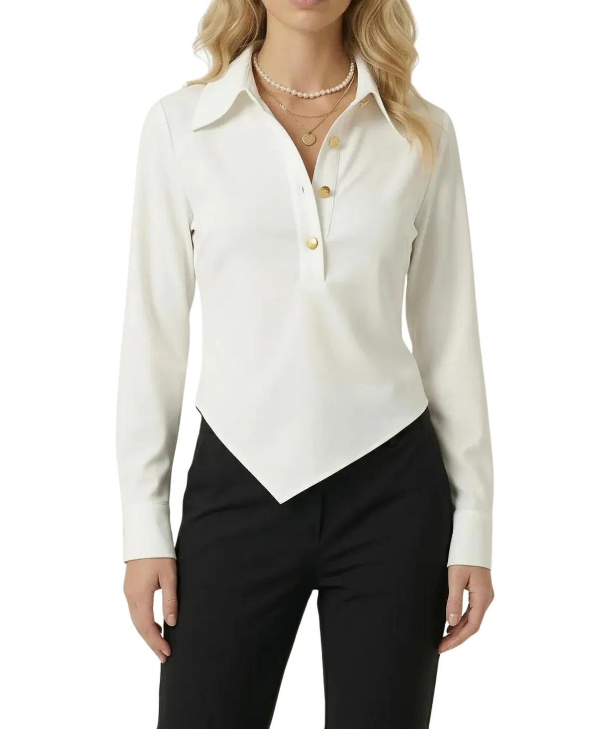 Collared Button-Front Asymmetrical-Hem Blouse by Modenaire