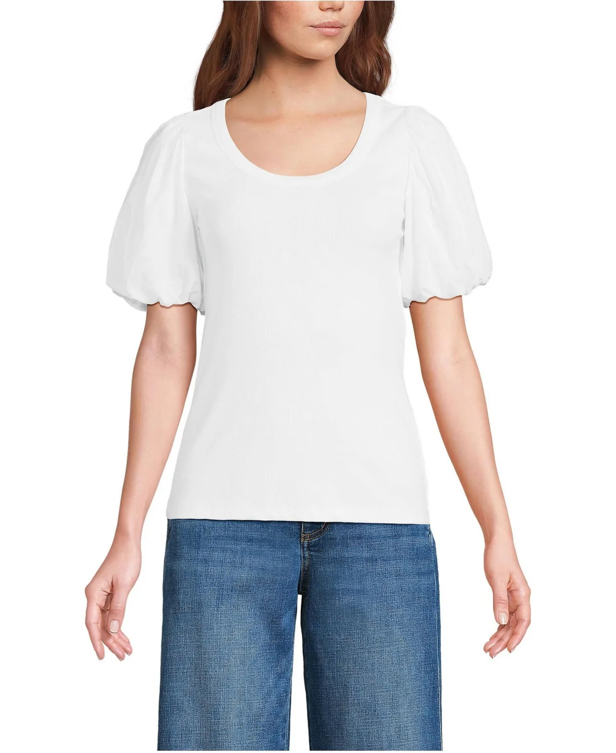 Drapey Rib Puff Sleeve Scoop Neck Top