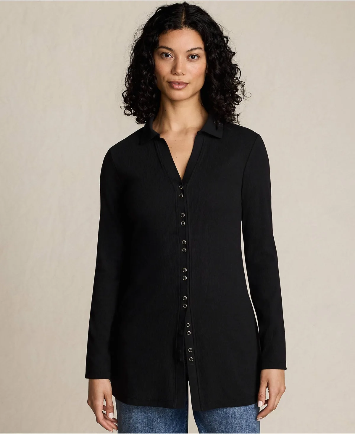 Long Sleeve Polished Rib Button Through Tunic Shirt by Lands' End