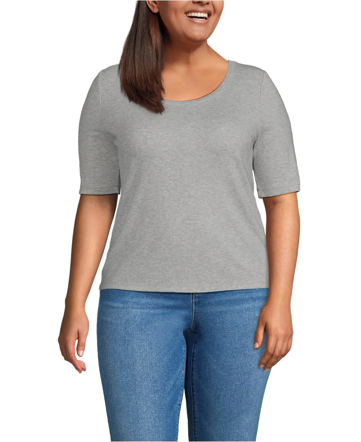 Drapey Rib Fitted Elbow Sleeve Scoop Neck Tee by Lands' End