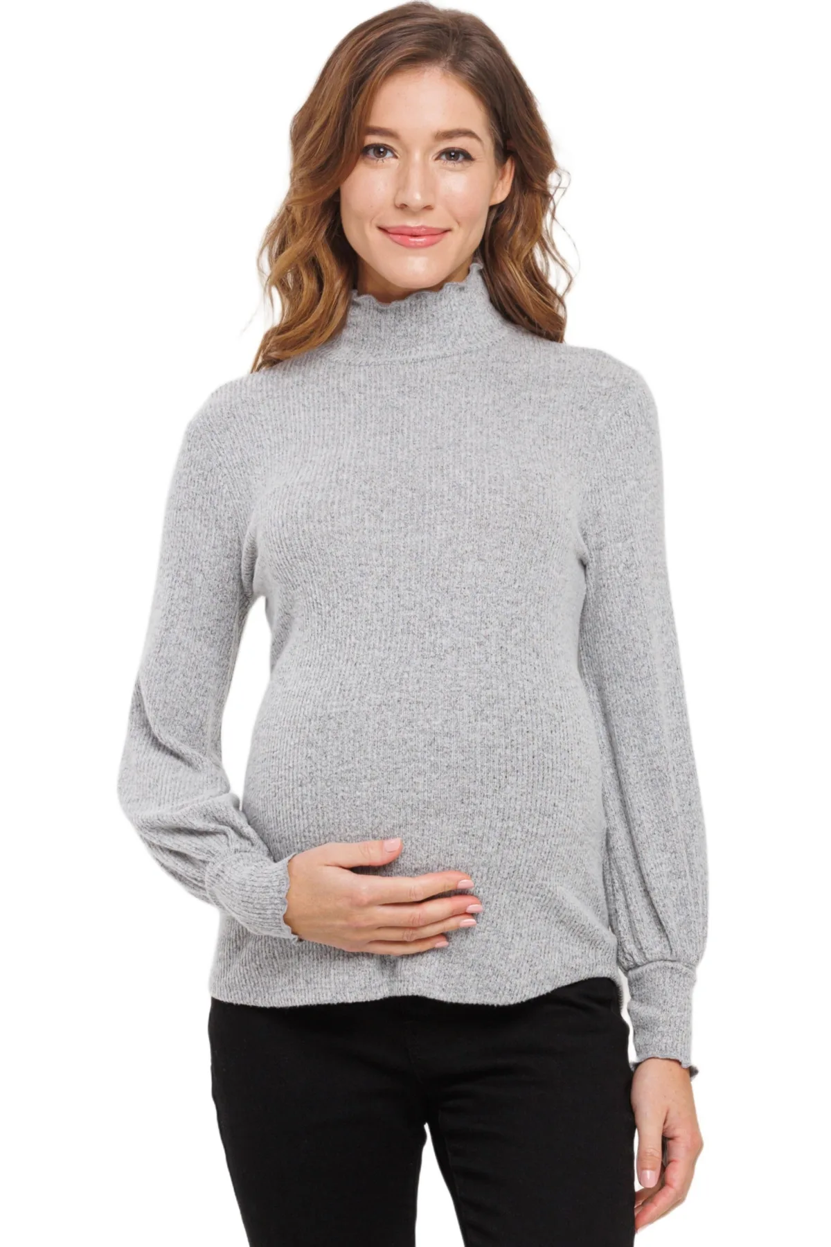 Maternity Turtleneck Ribbed Knit Long Sleeve Sweater by Hello Miz