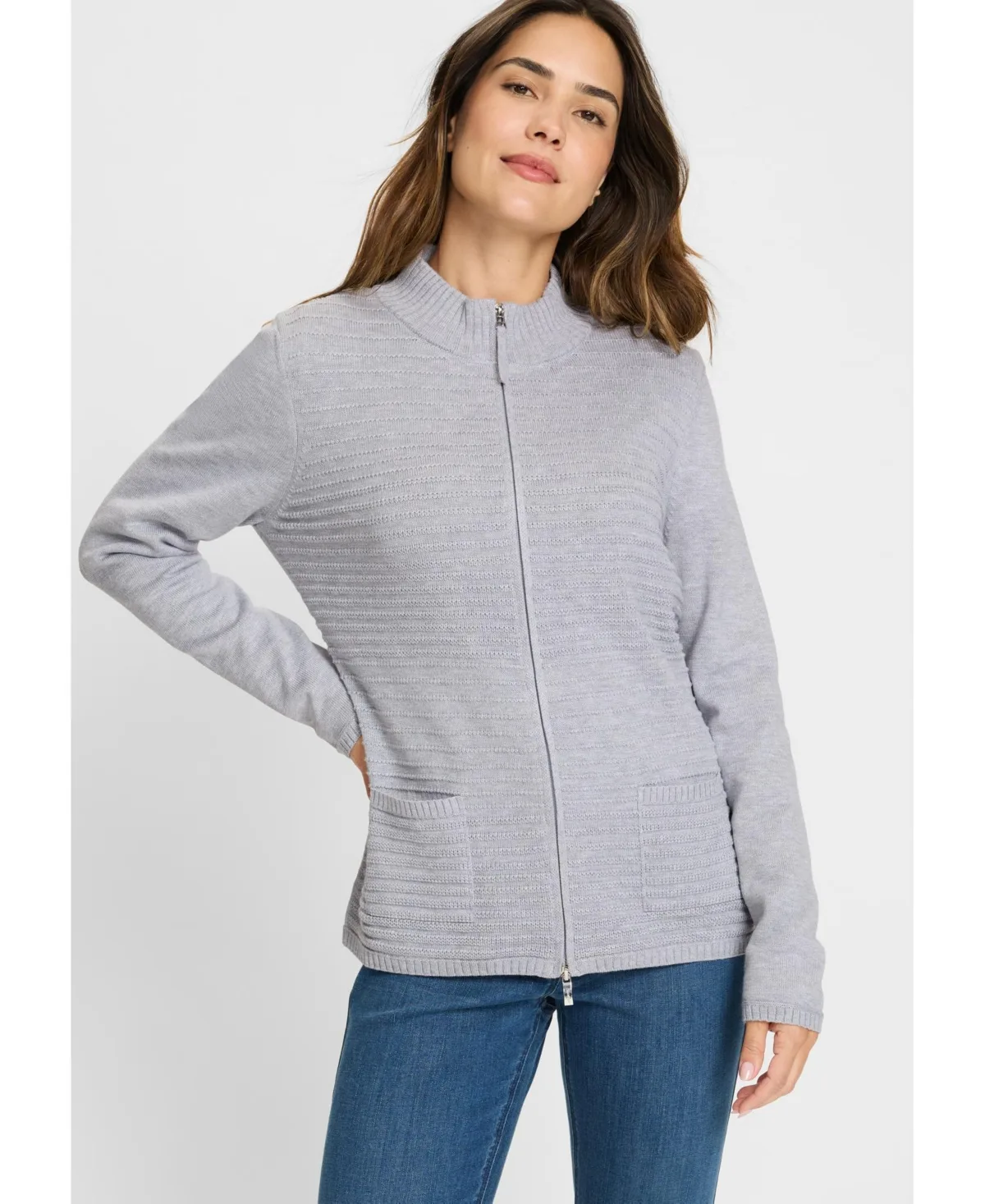 Rib Knit Zip Front Cardigan by Olsen