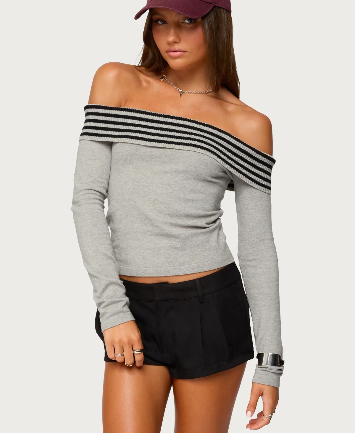 Leetal Stripey Foldover Knit Top by Edikted