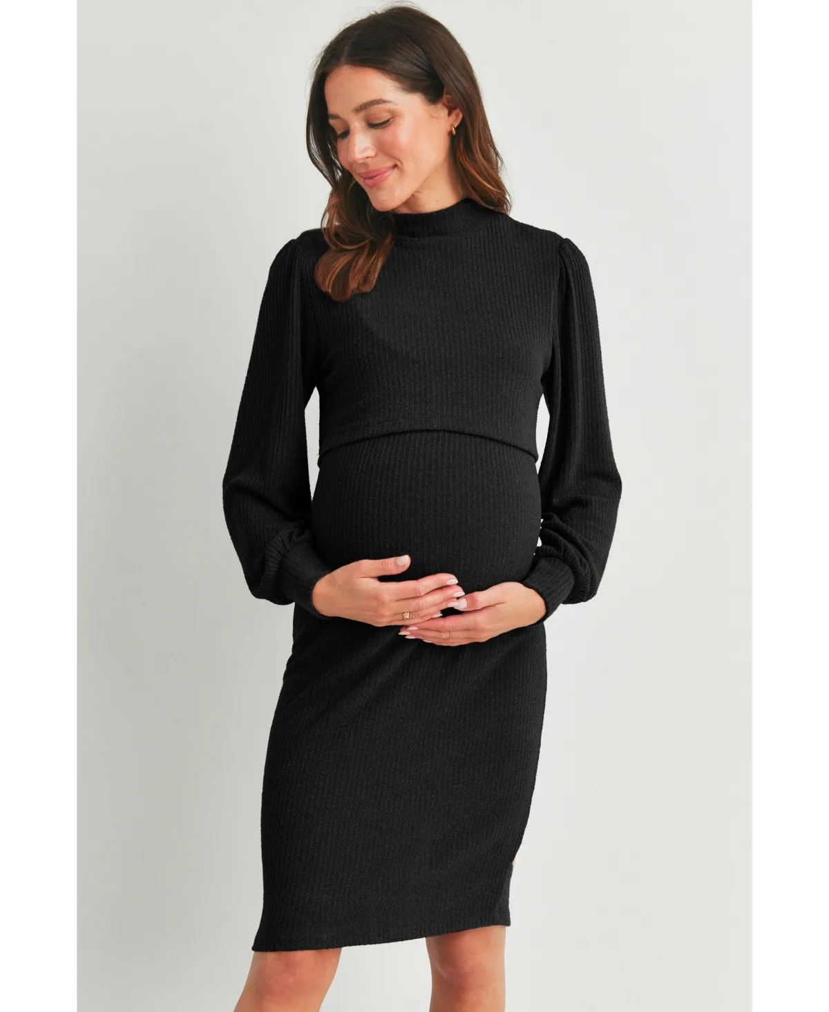 Double Layer Mock Neck Ribbed Nursing Dress by Hello Miz