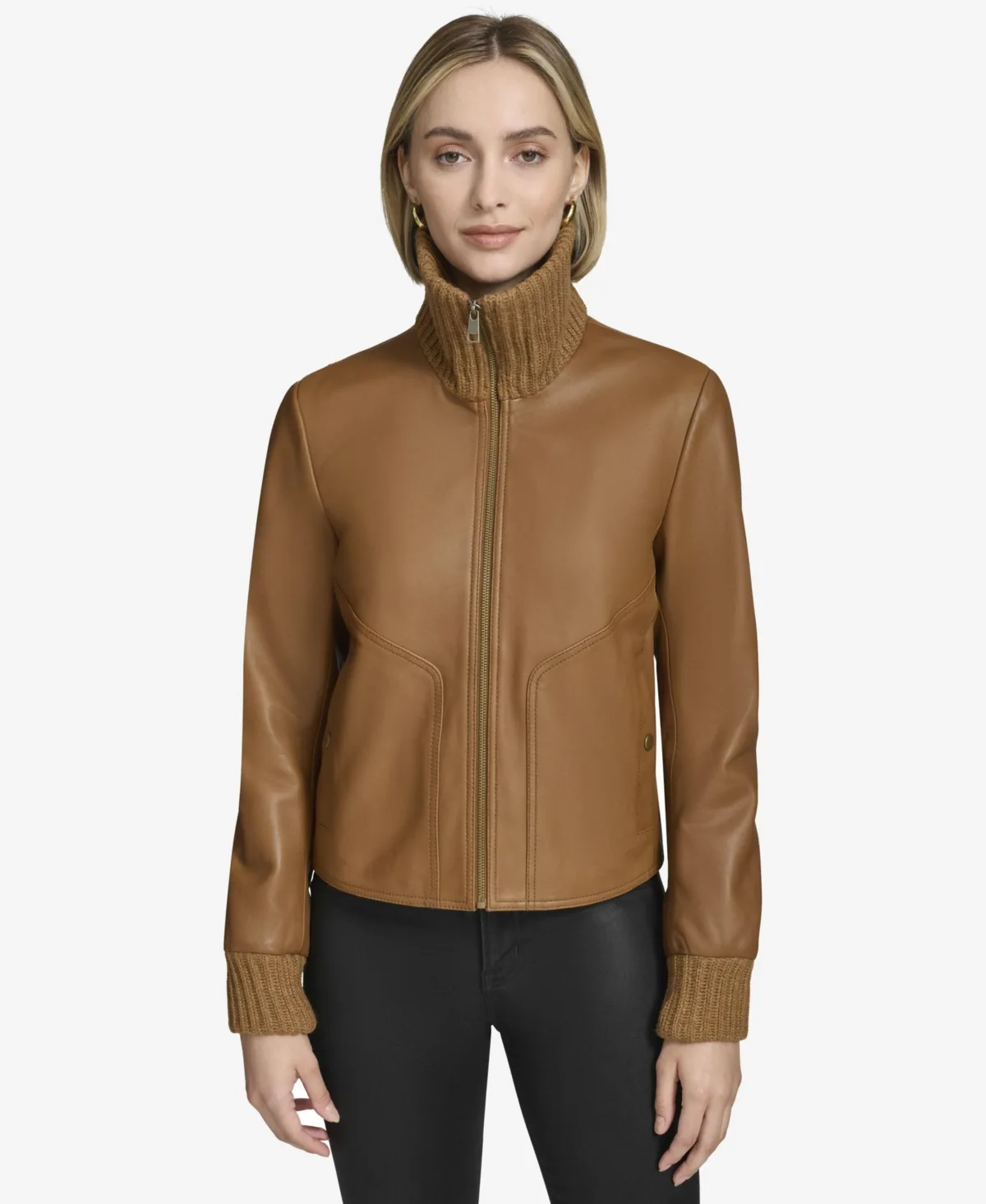 Beatrix Rib-Knit Trimmed Leather Jacket by Andrew Marc Black Label