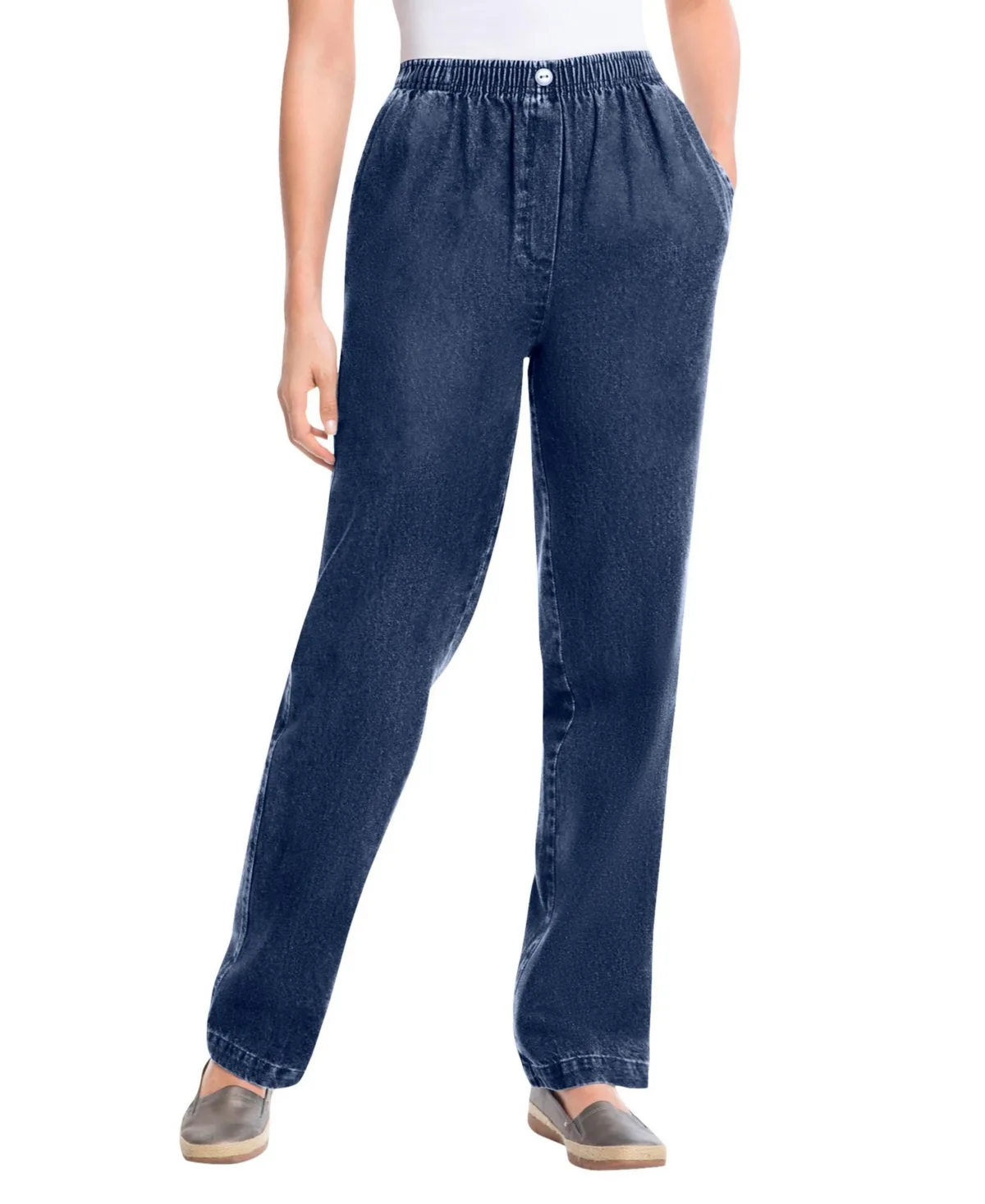 Straight-Leg All-Cotton Denim Pull-On 7-Day Elastic-Waist Jeans by Woman Within
