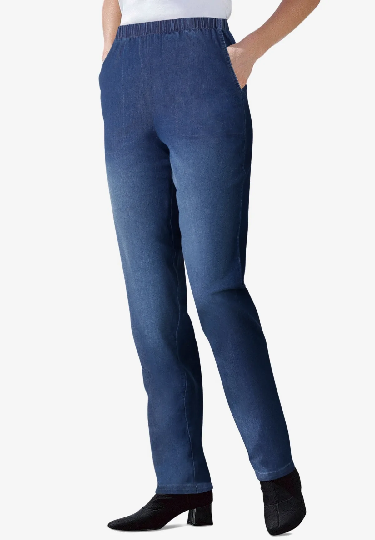 Straight Leg Fineline Pull-On Stretch Denim Jeans by Woman Within