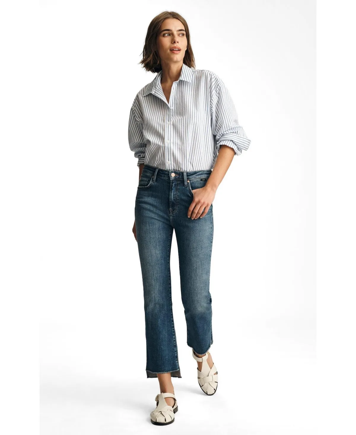 Anika Mid Rise Cropped Flare in Dark Brushed Flex Blue by Mavi Jeans