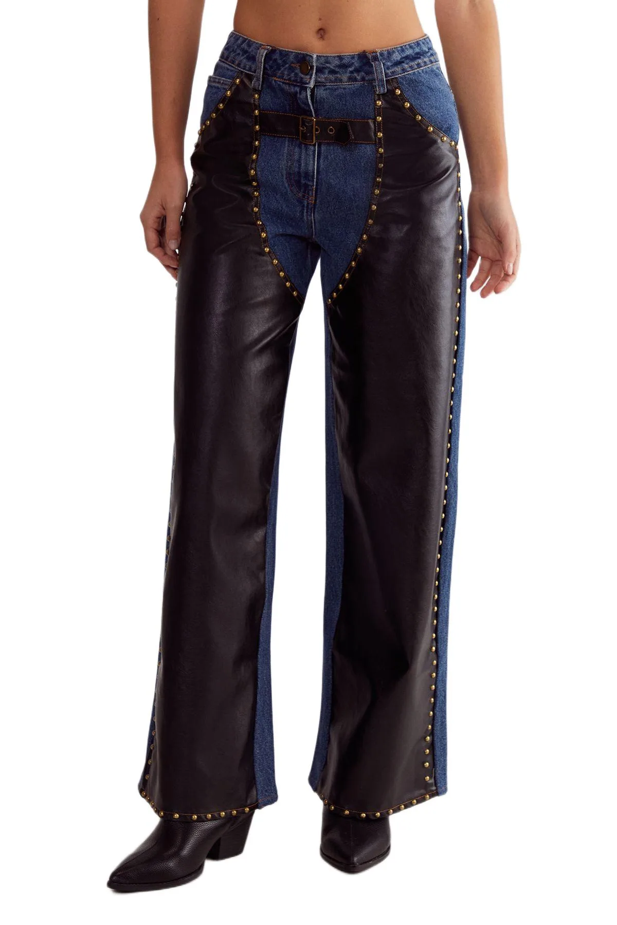 Straight Leg Denim Pu Mix Chap Jeans by Nasty Gal
