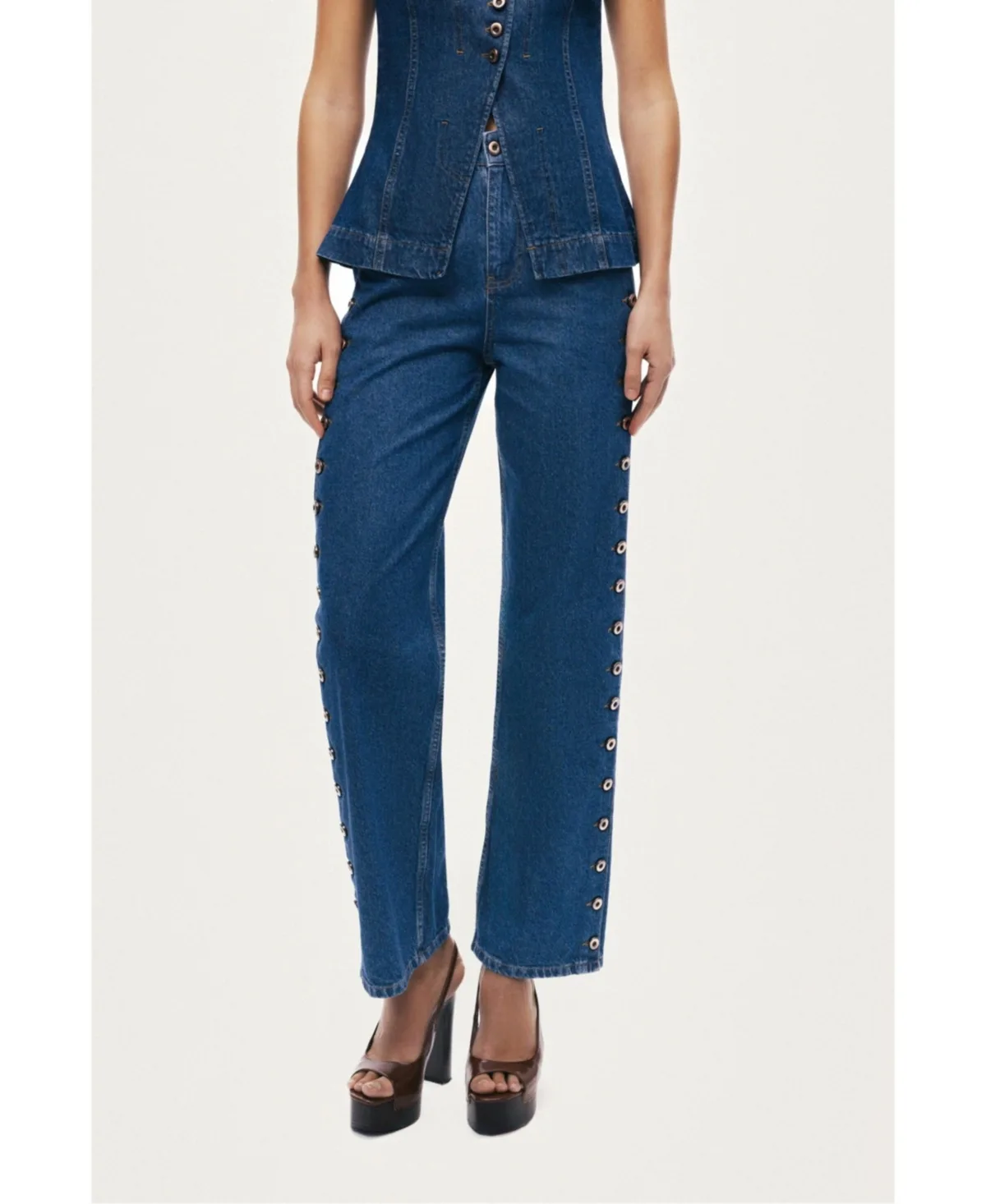 Eyelet Detail Wide-Leg Denim Pants by Nocturne