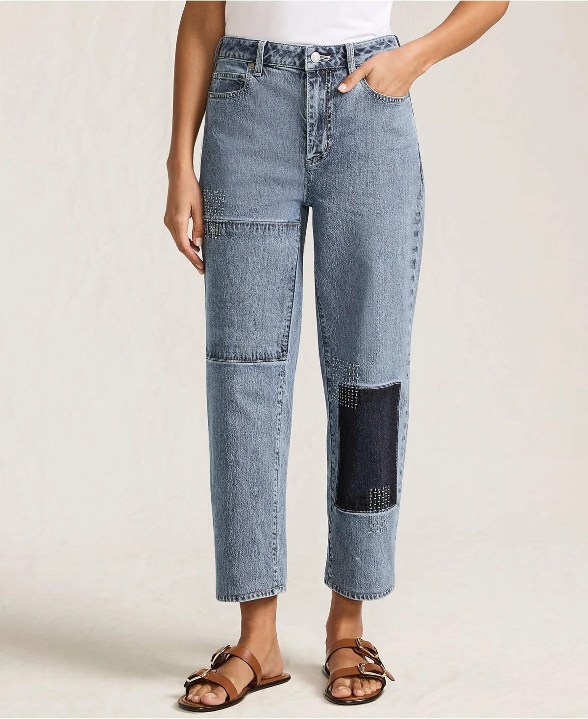 Soft Denim Mid Rise Relaxed Straight Crop Patchwork Jeans by Lands' End