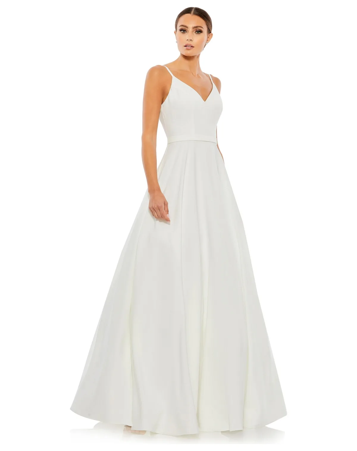 V-Neck Ball Gown with Belted A-Line Skirt by Mac Duggal