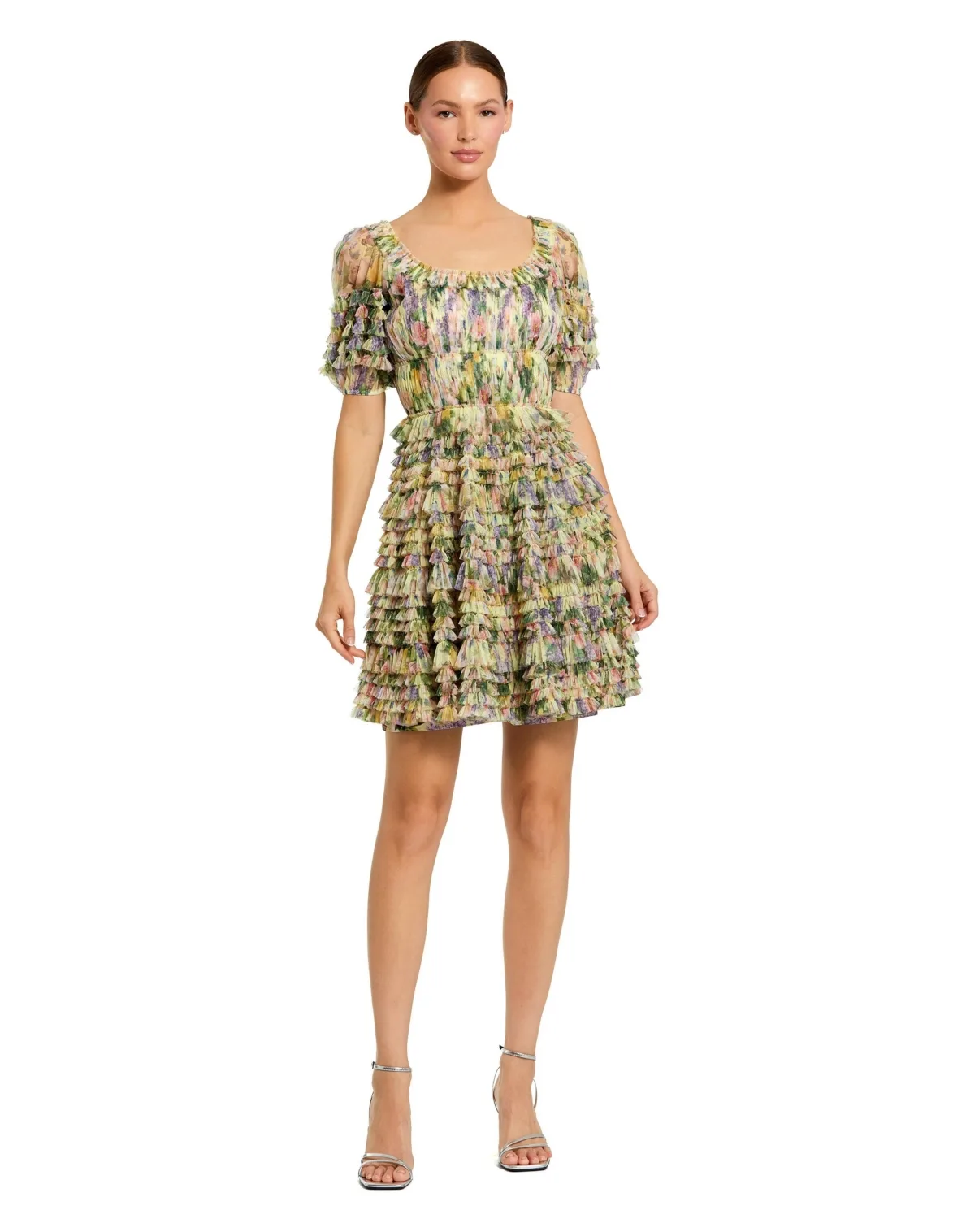 Floral Mesh Puff Sleeve Ruffle Mini Dress by Mac Duggal