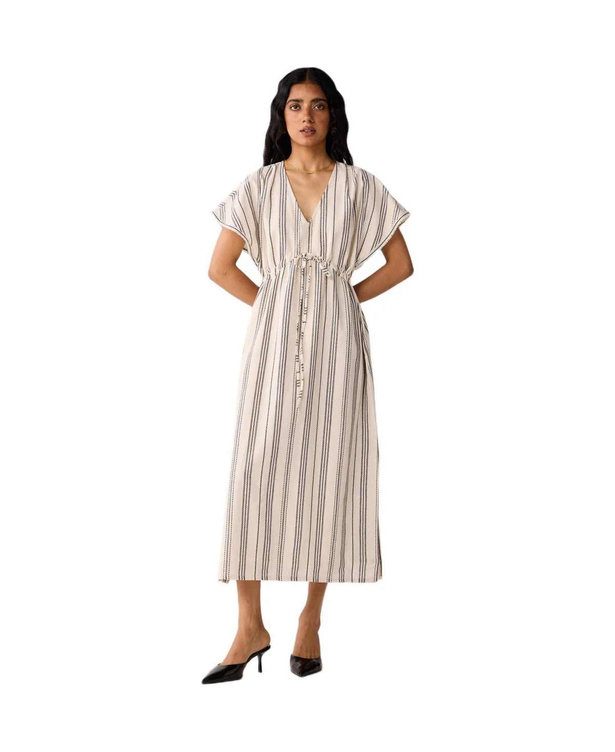 Maxi Gathered Dress with Side Slits in Stripes by Reistor