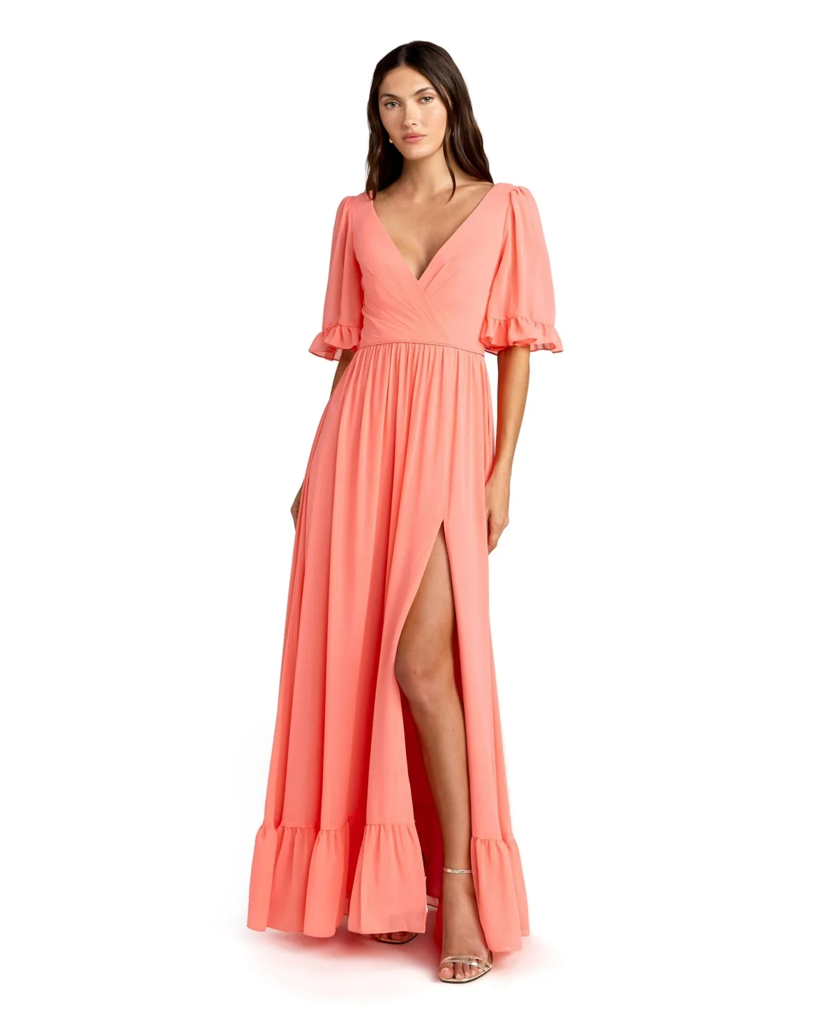 Ieena Faux Wrap Ruffle Trim a Line Gown by Mac Duggal