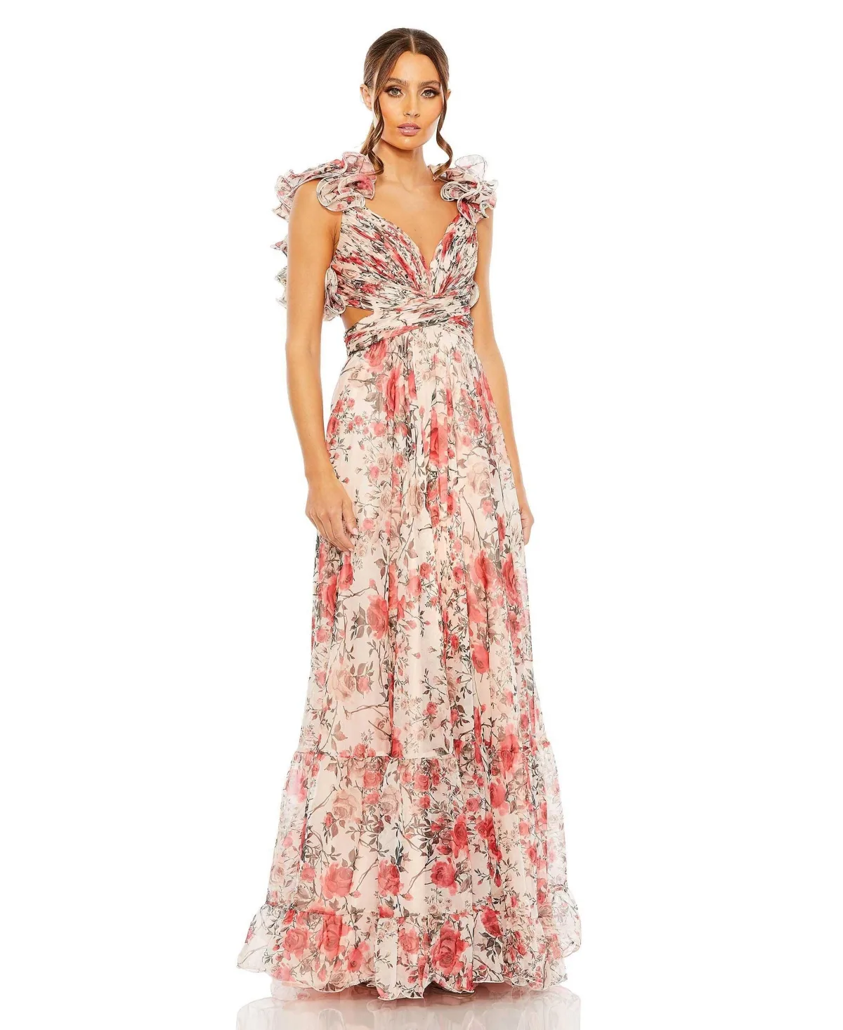 Ruffle Tiered Floral Cut-Out Chiffon Gown by Mac Duggal