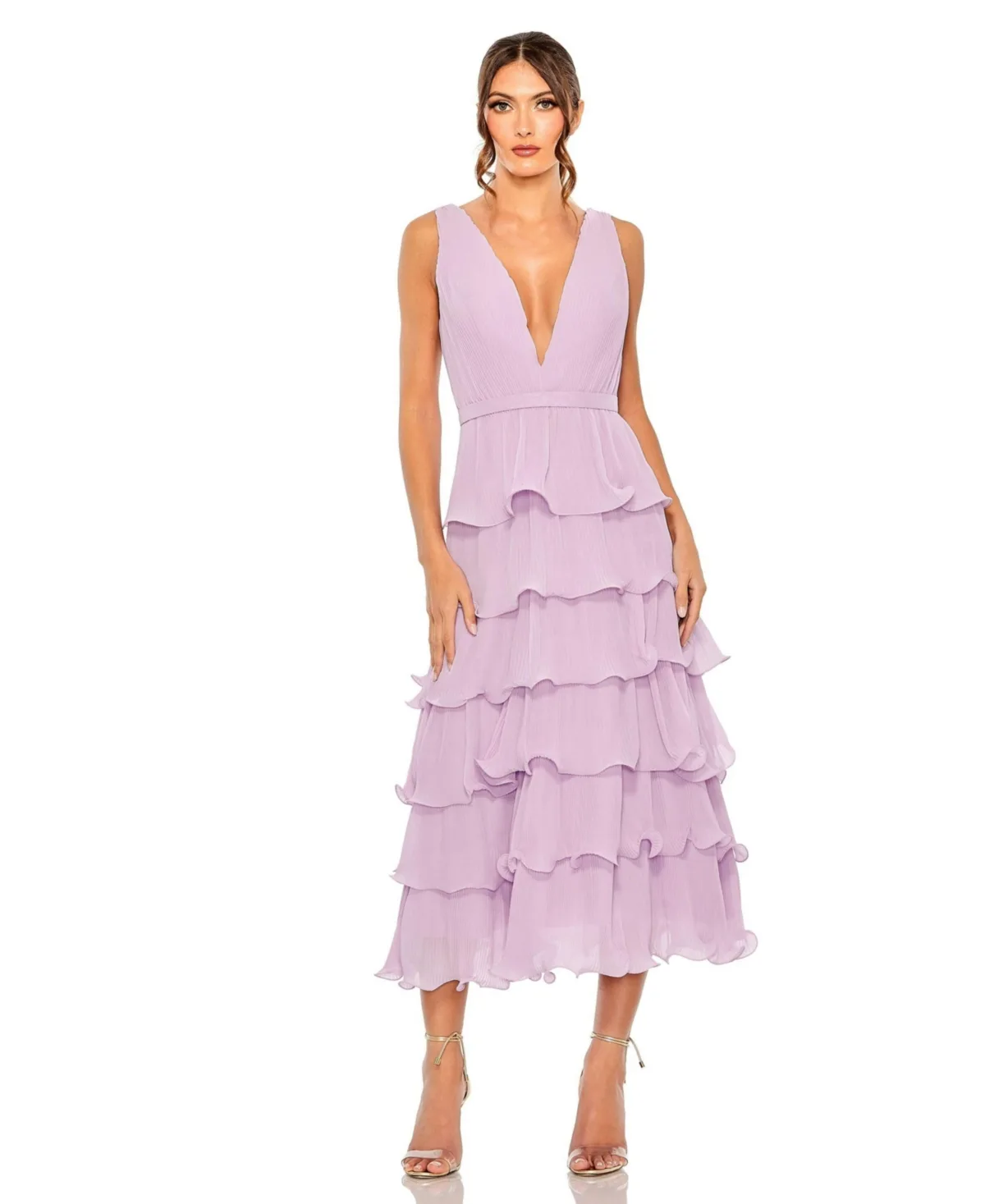 Deep V Chiffon Sleeveless Ruffle Midi Dress by Mac Duggal