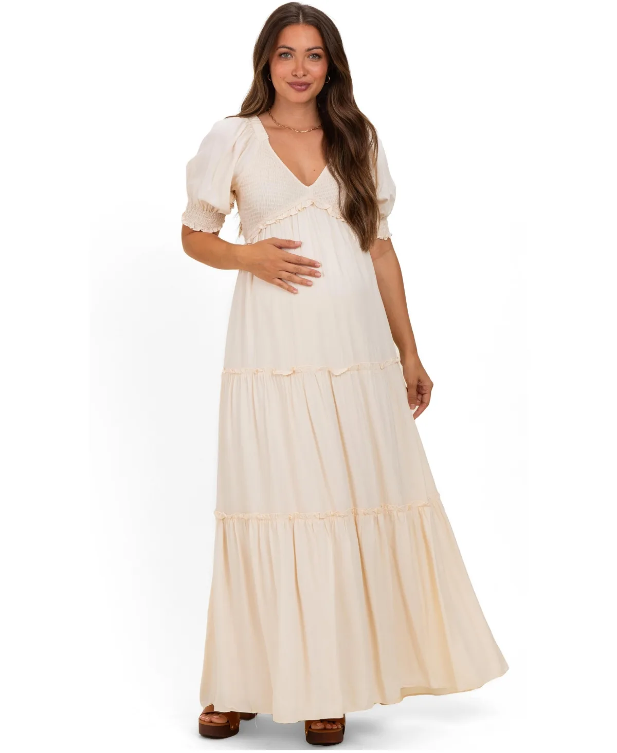 V-Neck Smocked Tiered Maxi Dresses by Pinkblush