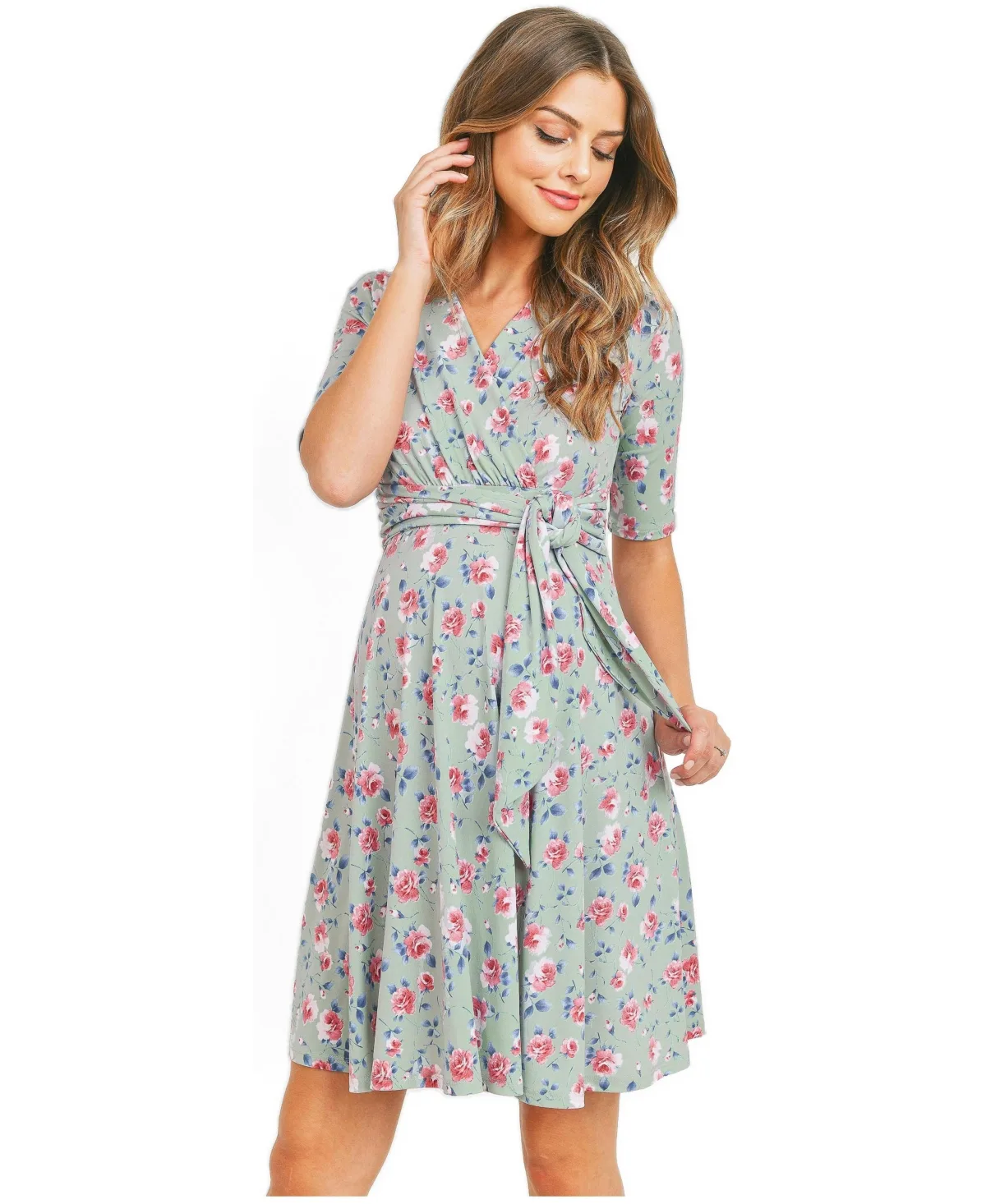 Maternity Floral V-Neck Nursing Wrap Dress with Tie Waist by Hello Miz
