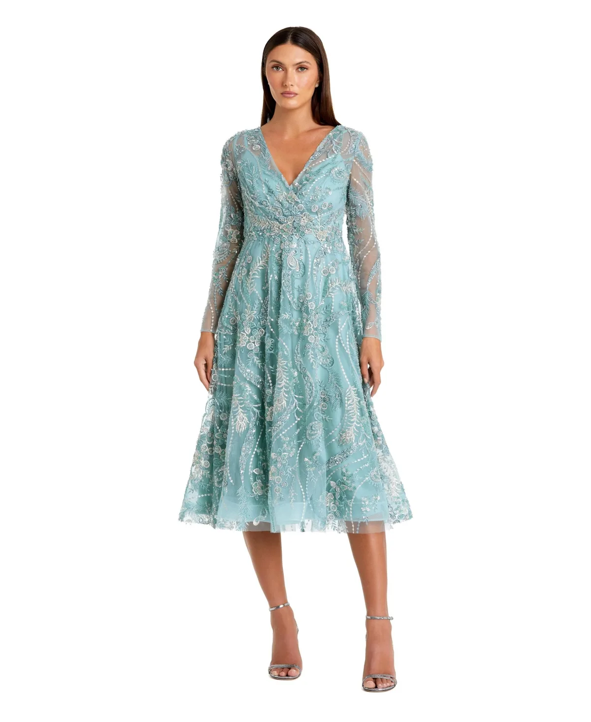 Floral Embroidered V Neck Long Sleeve Midi Dress