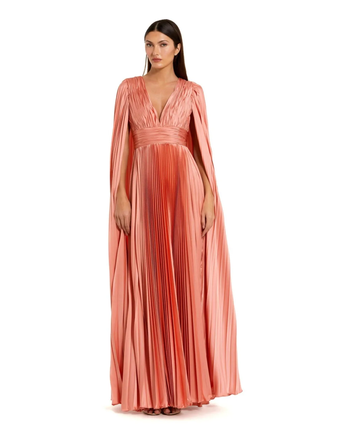 Pleated Charmeuse V-Neck Gown with Cape by Mac Duggal