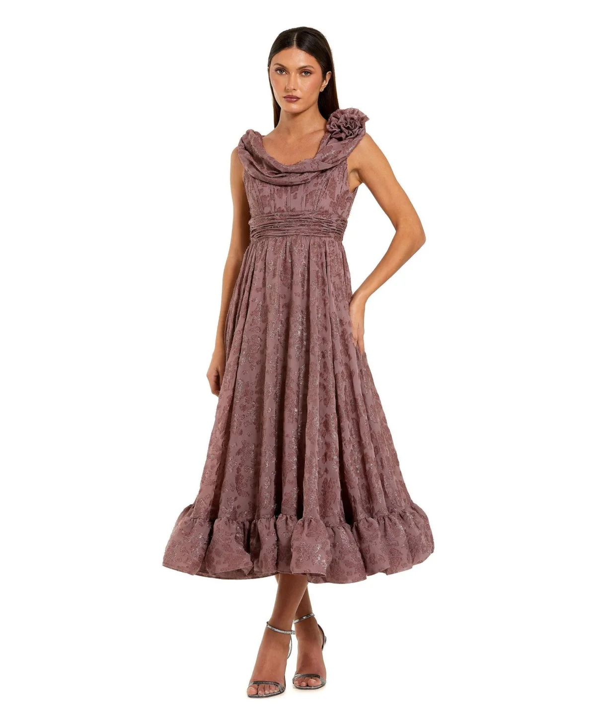 Burnout Chiffon Sleeveless Cowl Neck Midi Dress