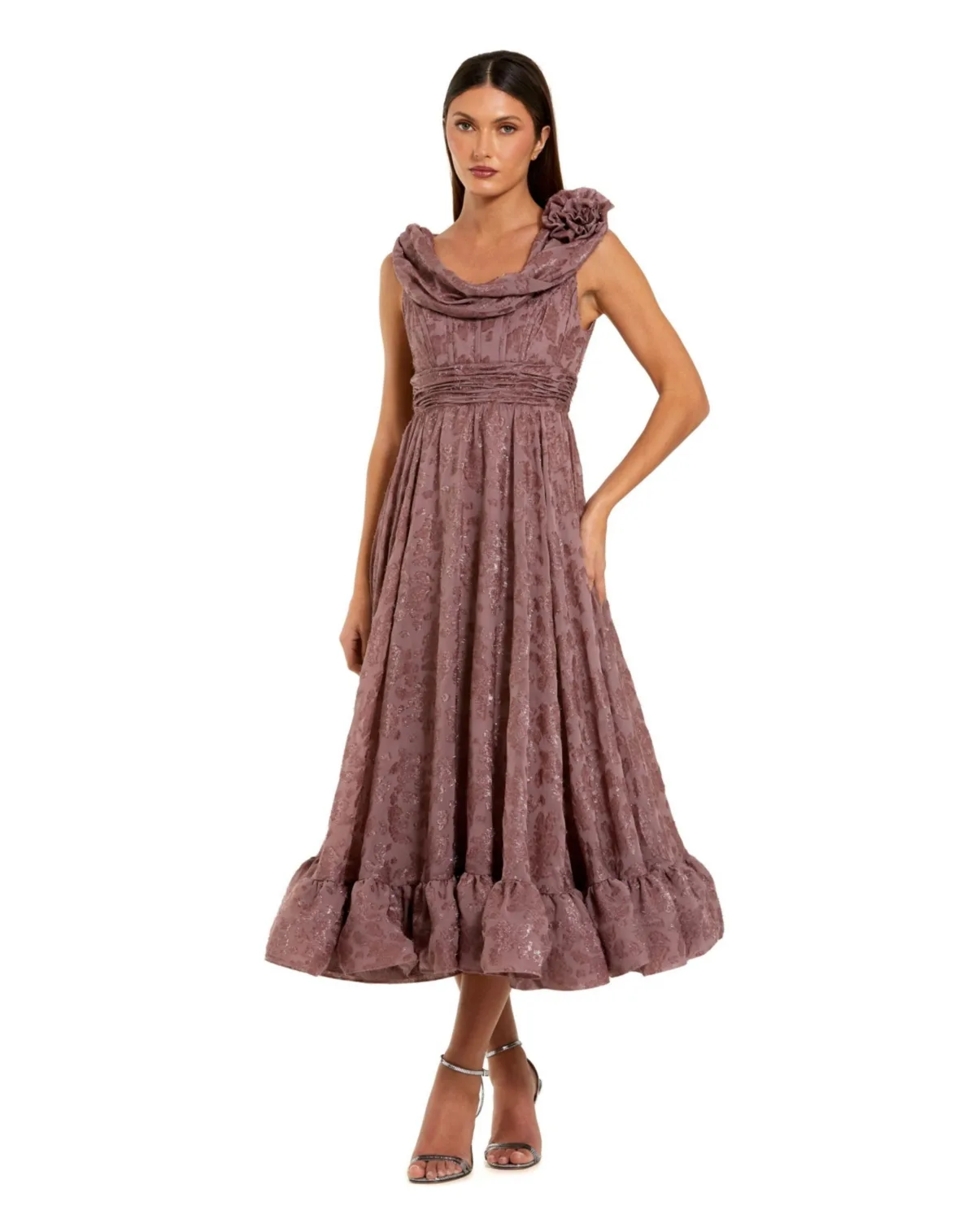 Burnout Chiffon Sleeveless Cowl Neck Midi Dress by Mac Duggal