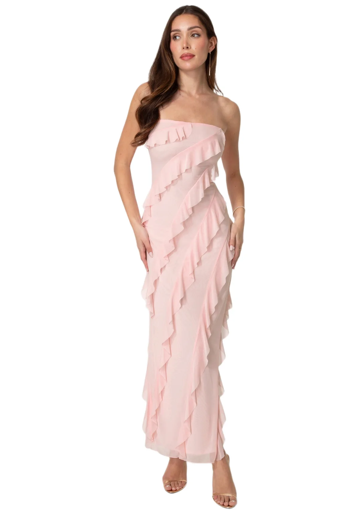 Strapless Mesh Ruffle Dress by Bebe
