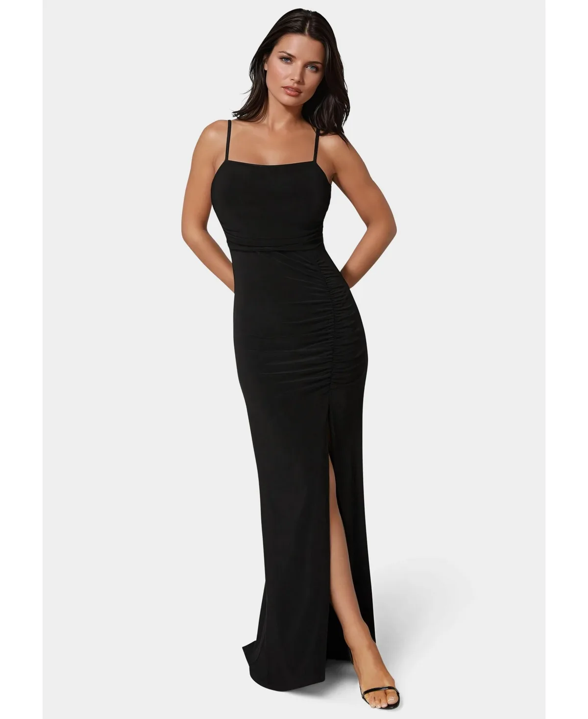 Ruched High Slit Solid Dress by Bebe