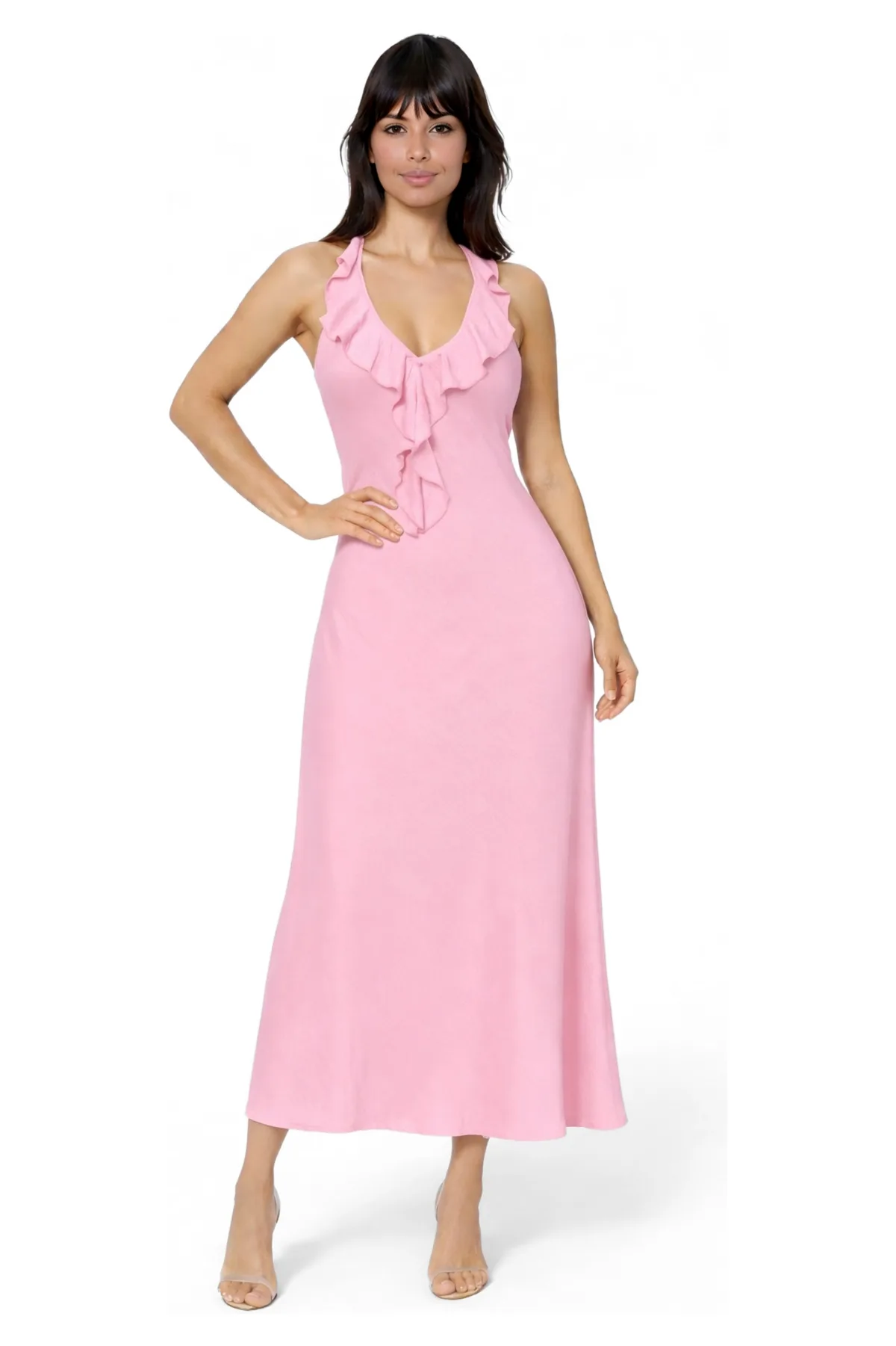 Crushed Satin Ruffle Halter Maxi Dress by Bebe