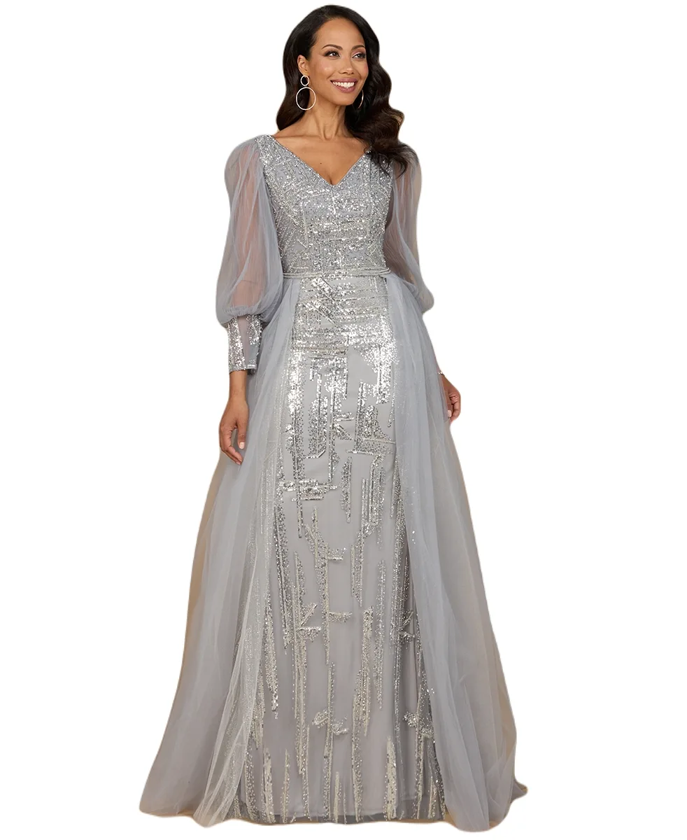 Long Sleeve Lace Gown with Removable Over Skirt