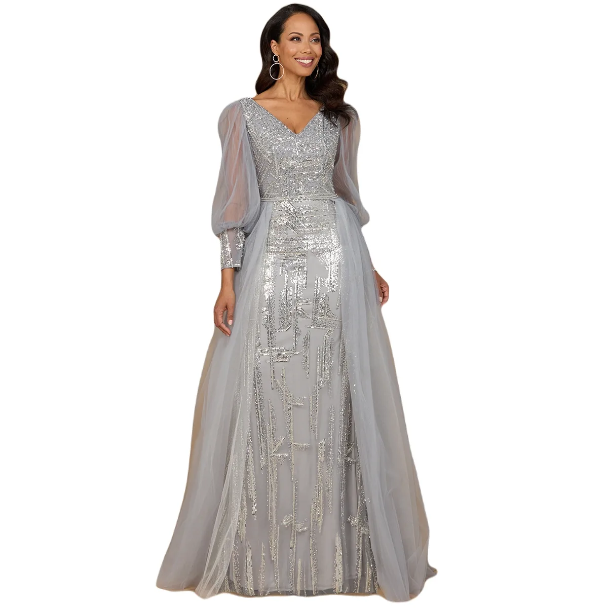 Long Sleeve Lace Gown with Removable Over Skirt by Lara