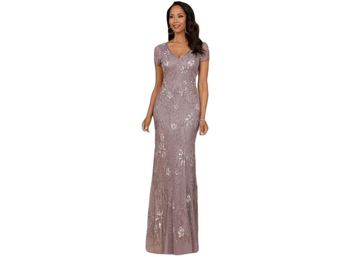 V-Neck, Short Sleeve Beaded Gown by Lara