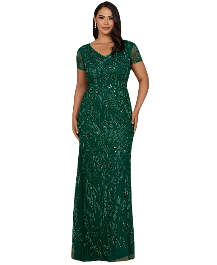 V-Neck, Short Sleeve Beaded Gown