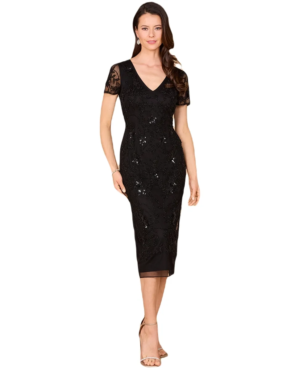 Beaded Midi Dress with Cap Sleeves