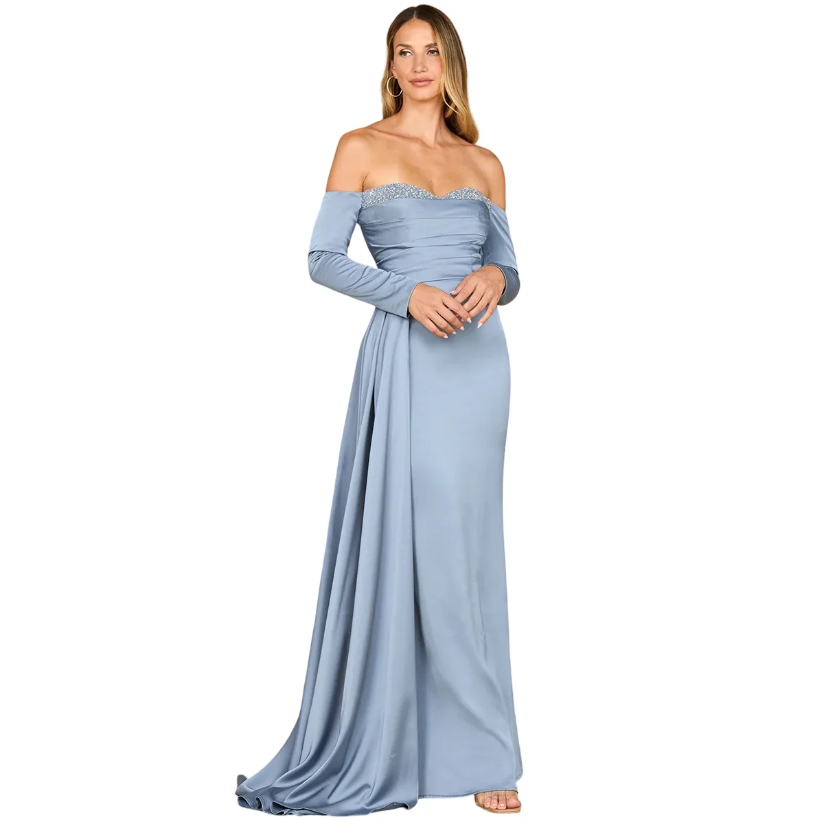 Off Shoulder Satin Dress with Beaded Details by Lara