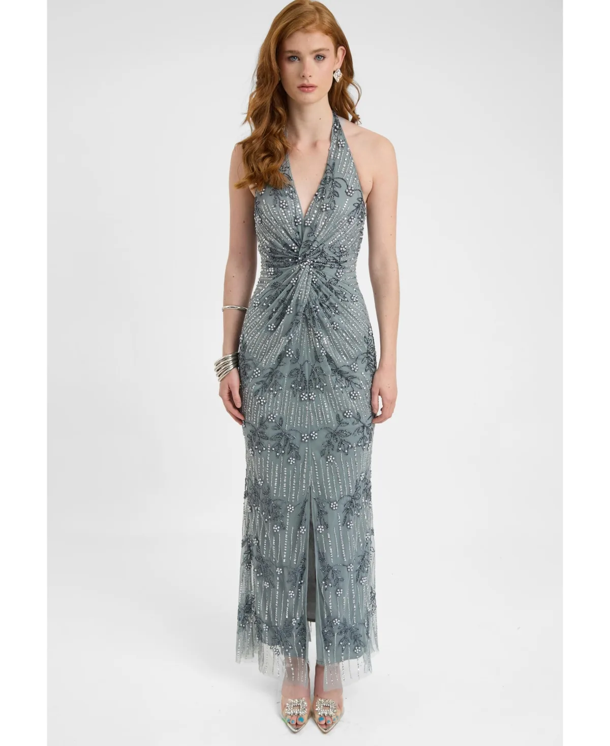 Embellished Sequin Beaded Maxi Dress with Knot Design