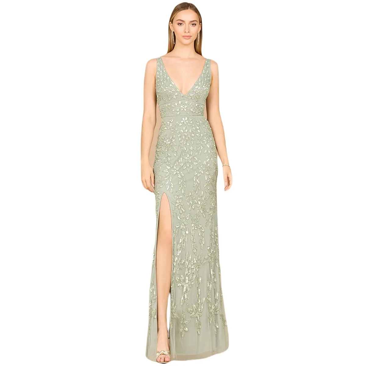 Embellished Gown with Slit by Lara