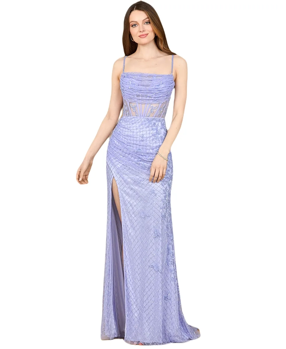 9923 Beaded Corset Gown with Slit