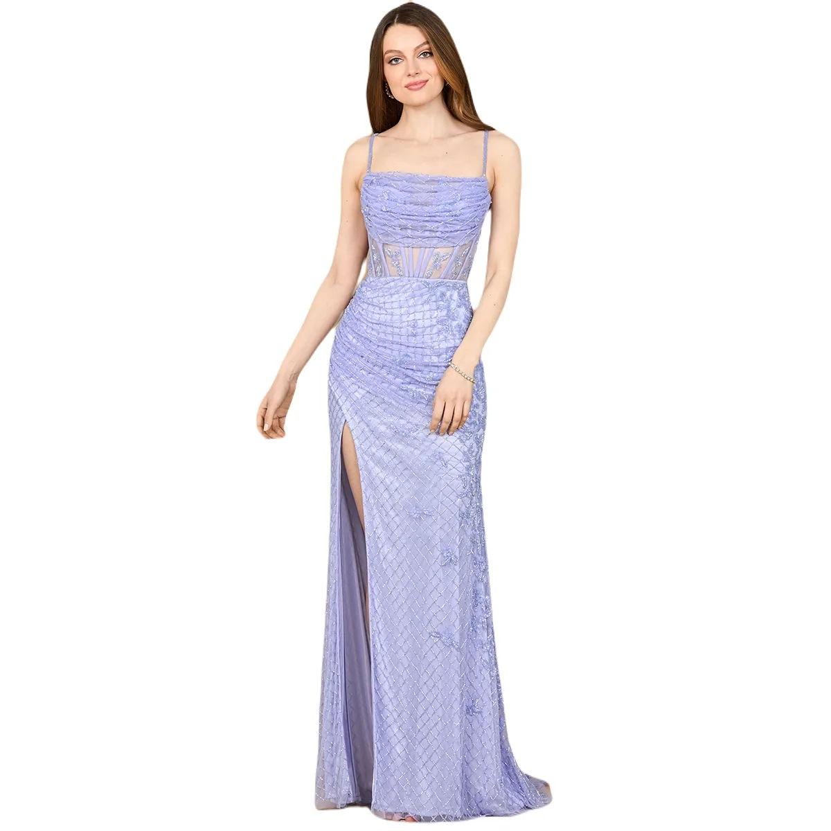 9923 Beaded Corset Gown with Slit