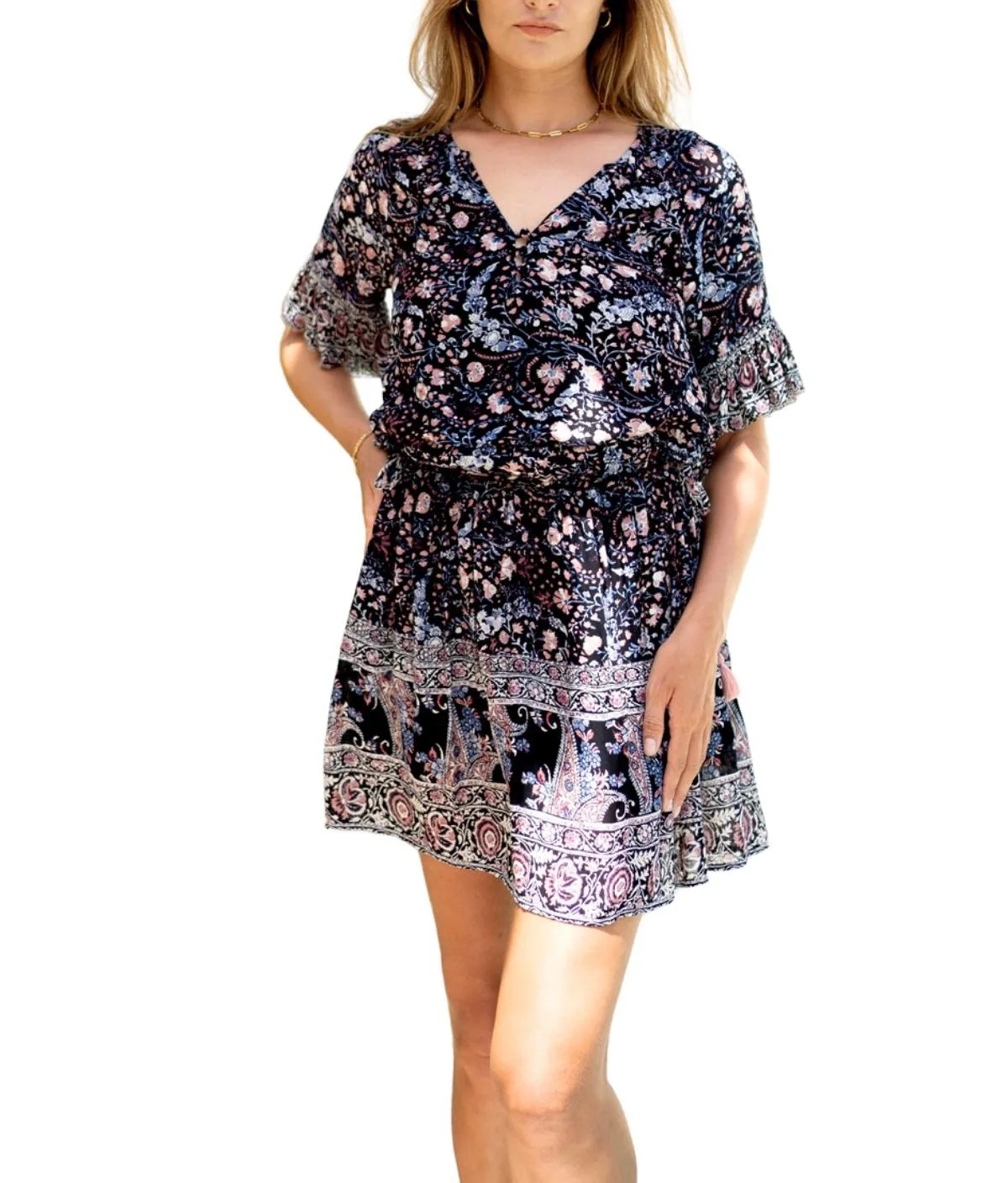 Flora Mini Dress in Black Floral Print by Paneros Clothing