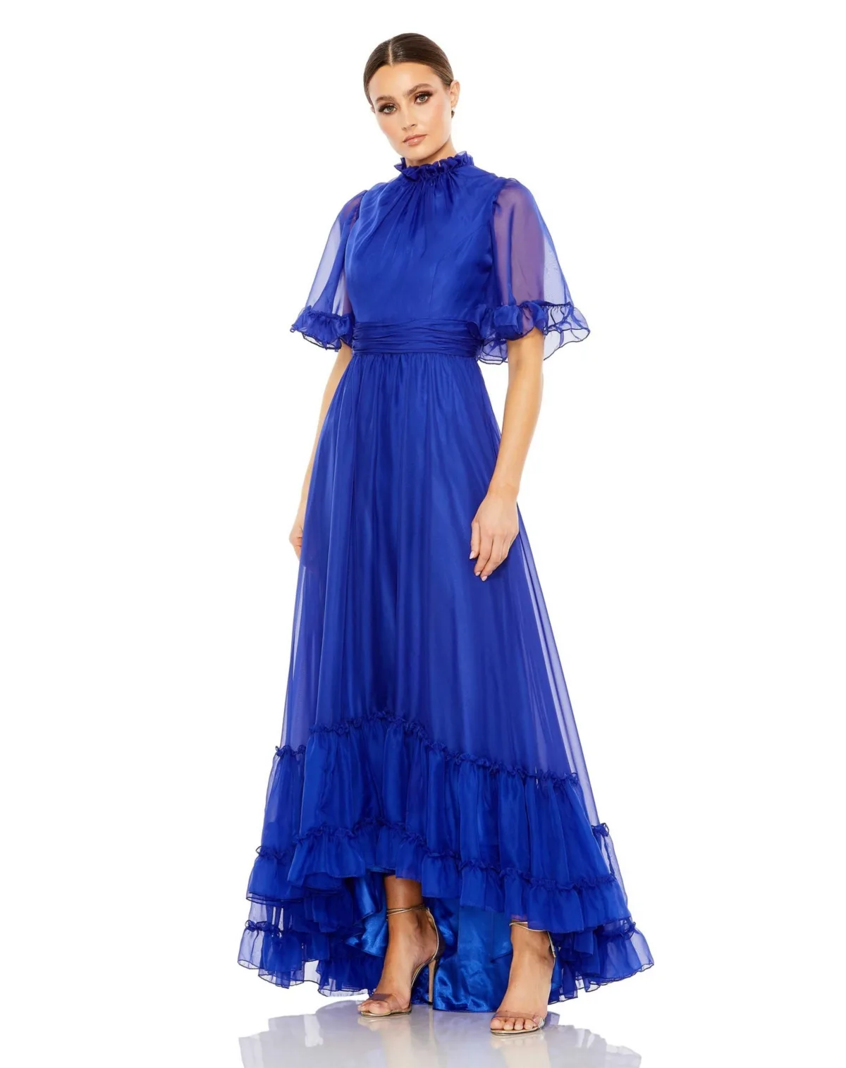 Ruffled High Neck Flutter Sleeve High Low Hem Gown by Mac Duggal
