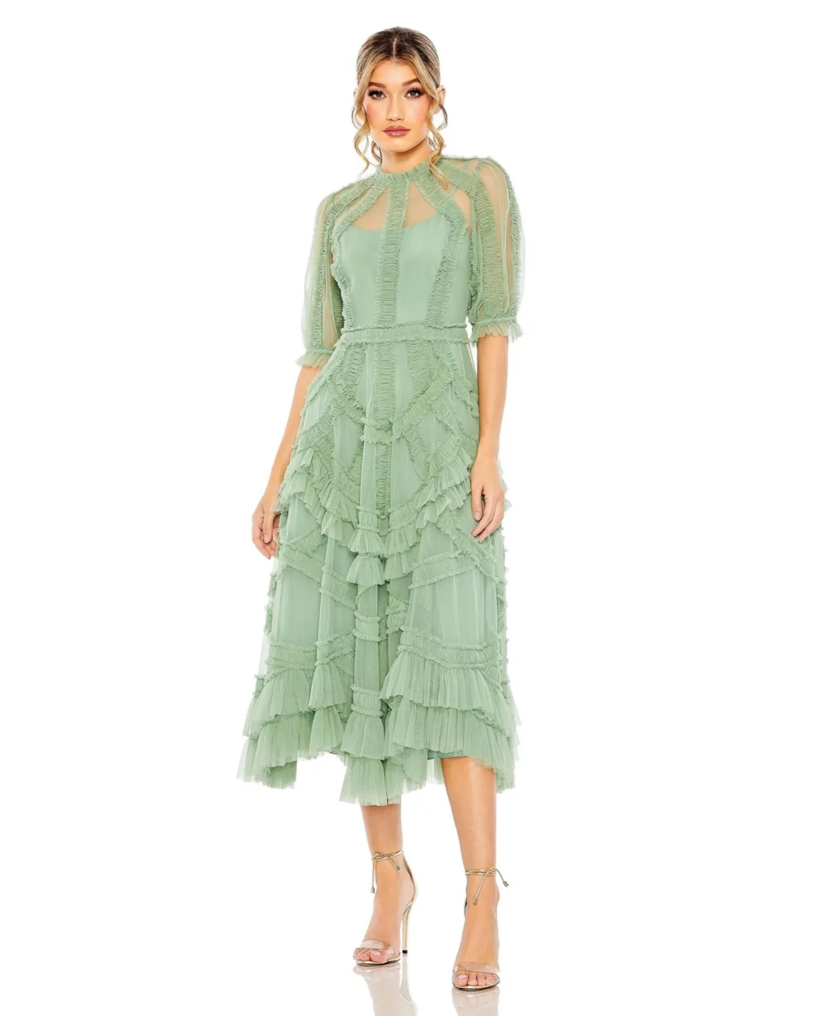 High Neck Puff Sleeve Ruffle Tiered Dress