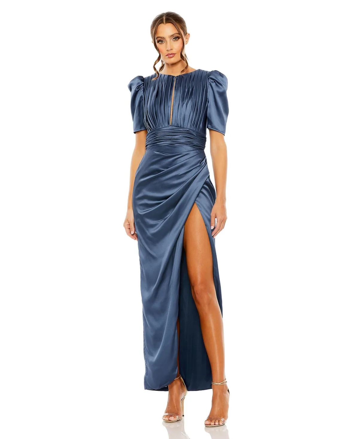 Puff Sleeve Pleated Bodice Draped Gown by Mac Duggal