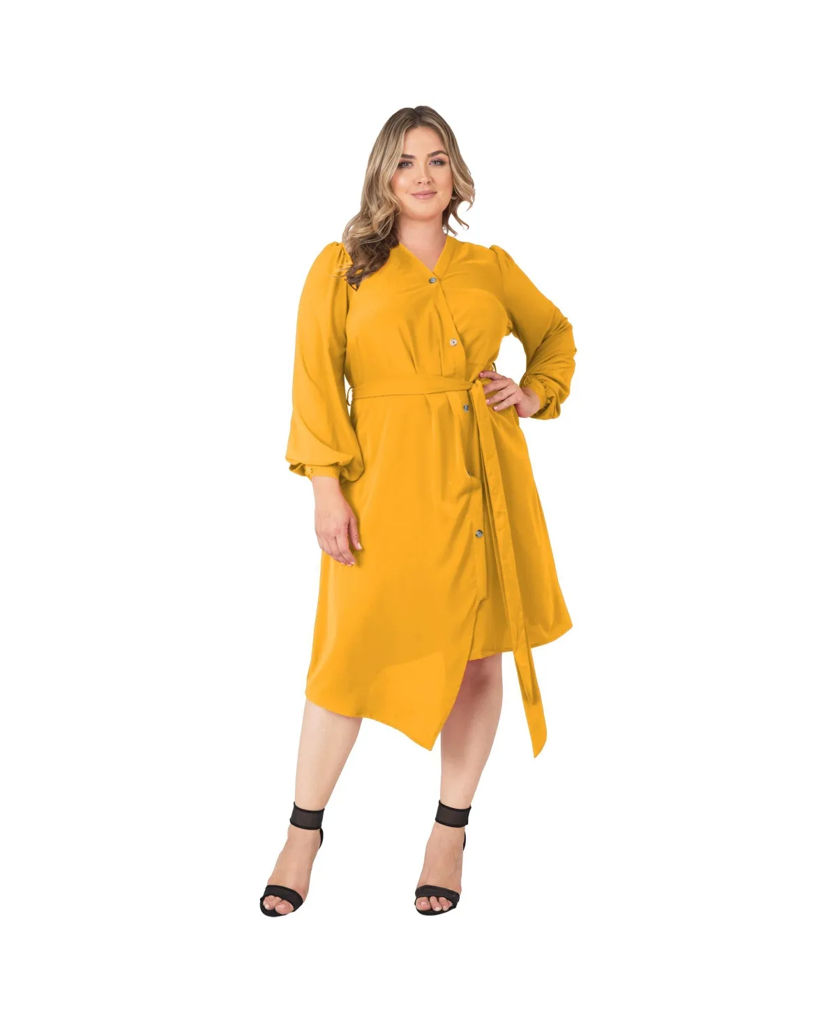 Asymmetrical Hem Button-Up Wrap Lantern Sleeve Dress by Standards & Practices
