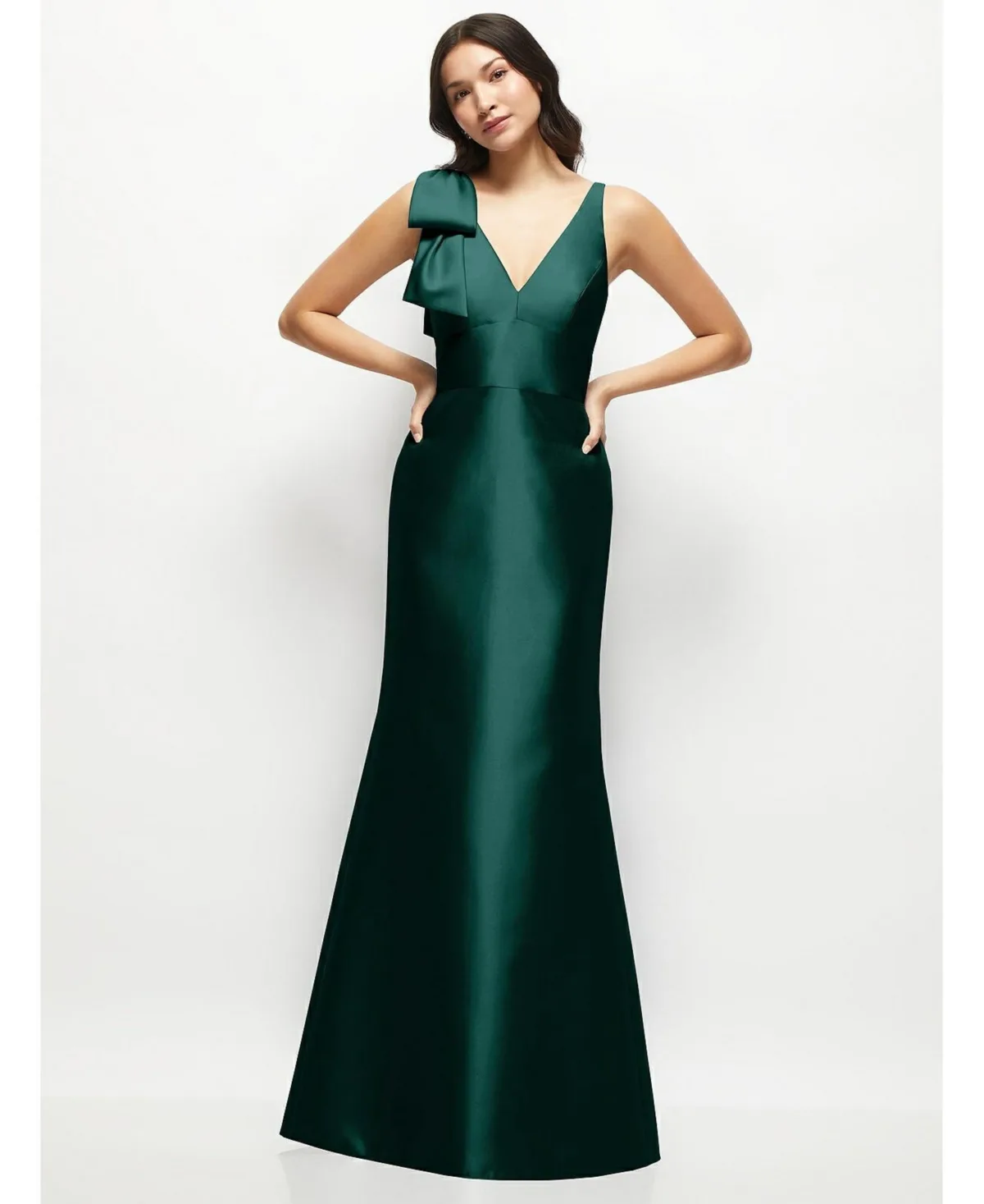 Deep V-Back Satin Trumpet Dress with Cascading Bow at One Shoulder by Alfred Sung